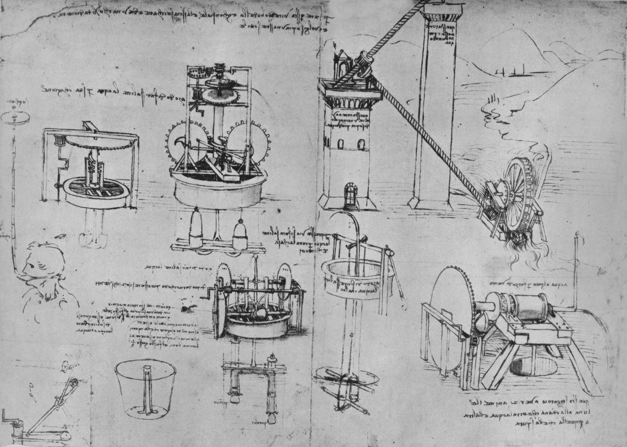 Tutkimukset imupumppuista, Archimedes-putkista jne., c1480 1945 tekijältä Leonardo da Vinci