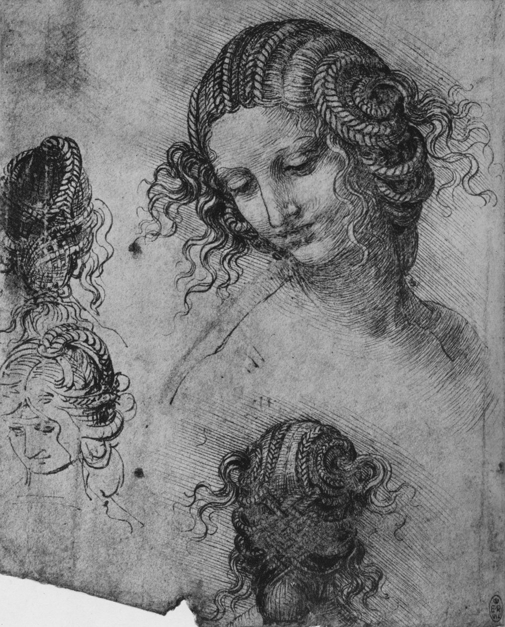 Studies of a Womans Head and Coiffure, c1480 1945 tekijältä Leonardo da Vinci