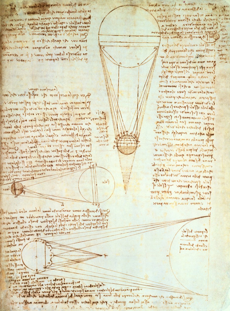 Kuun valaistuksen tutkimukset, fol. 1r Codex Leicesteristä, n. 1506-08 tekijältä Leonardo da Vinci