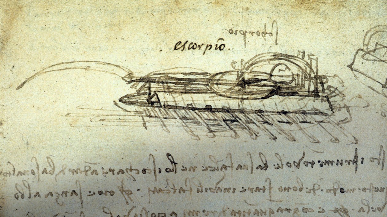 Leonard de Vincin (Leonardo da Vinci) (1452 - 1519) tutkimus sotakoneelle Escorpio. Piirustus kynällä ja musteella. tekijältä Leonardo da Vinci