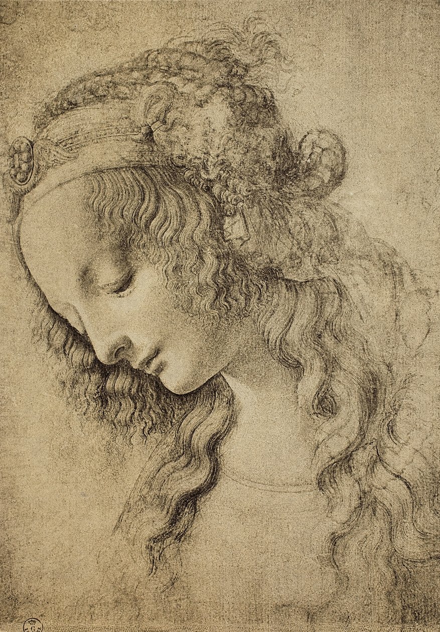 Magdalenan pään opiskelu, piirustus Leonardo da Vinci, Piirustus- ja grafiikkakaappi, Uffizi-galleria, Firenze tekijältä Leonardo da Vinci