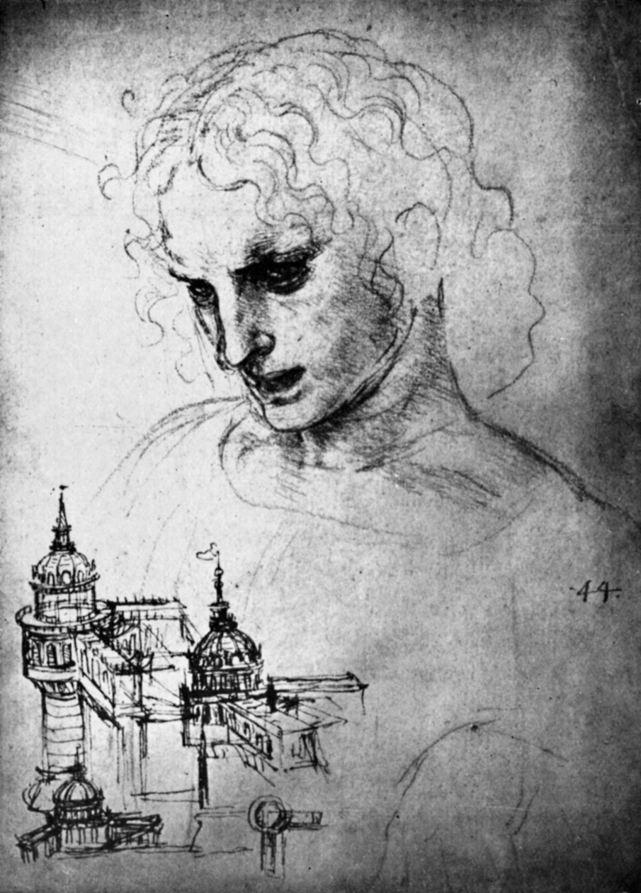 Tutkimus St Jamesin päällikkölle ja arkkitehtoninen piirustus, 1400-luku 1930. tekijältä Leonardo da Vinci