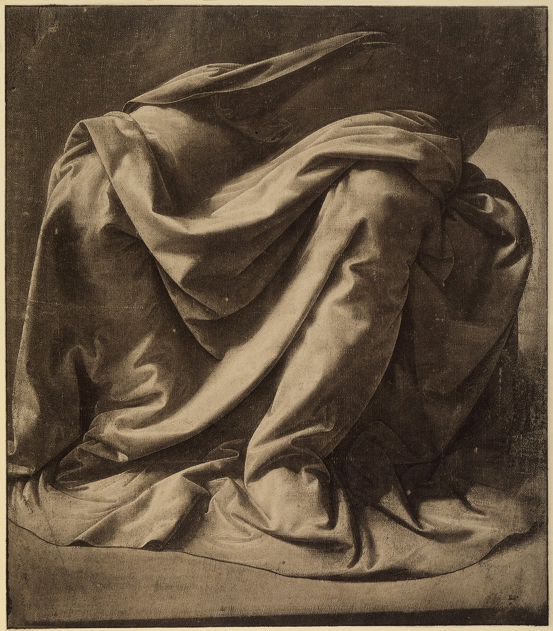 Tutkimus Neitsyen vaippaa varten Anunciationissa tänään Uffizissa; akvarelli ja musta korotettu valkoisella erittäin hienolla kankaalla, Leonardo da Vinci. Louvre, Pariisi tekijältä Leonardo da Vinci