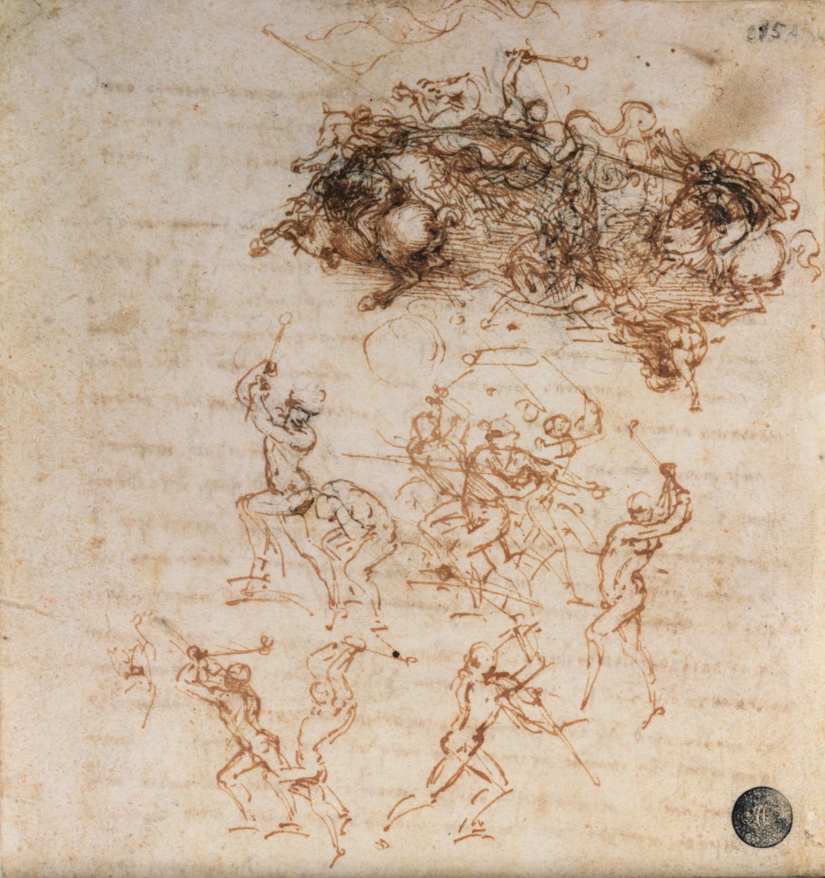 Study of Horsemen in Combat and Foot Soldiers, 1503 (kynä ja muste paperille) tekijältä Leonardo da Vinci