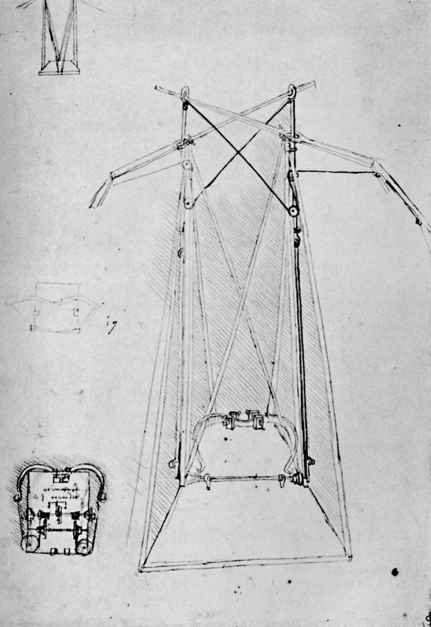 Tutkimus lentävän koneen motiivista ja tukikohdan mekanismin pohjapiirrokset, 1928 tekijältä Leonardo da Vinci