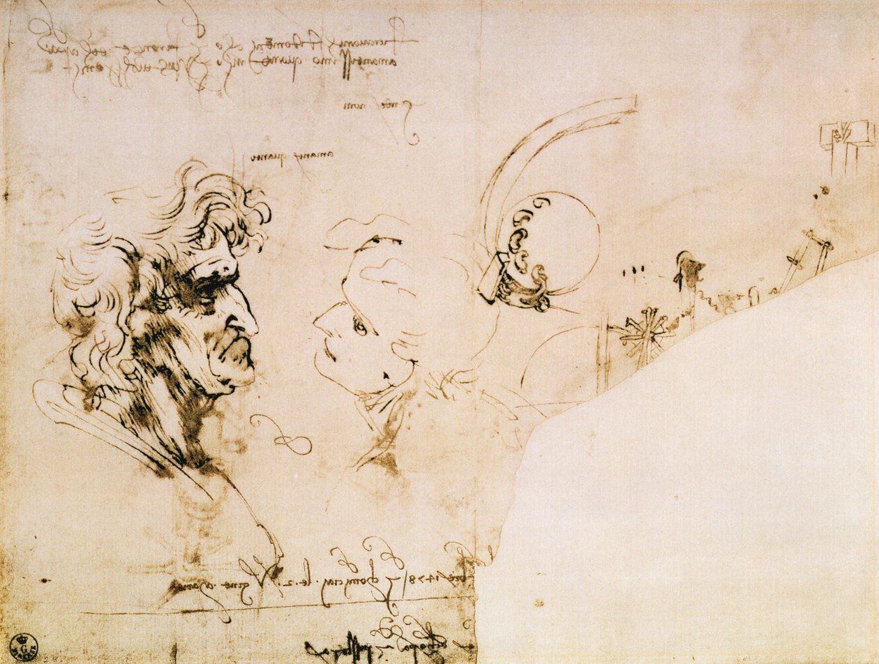 Kahden pään tutkimus profiilissa ja koneiden tutkimukset tekijältä Leonardo da Vinci
