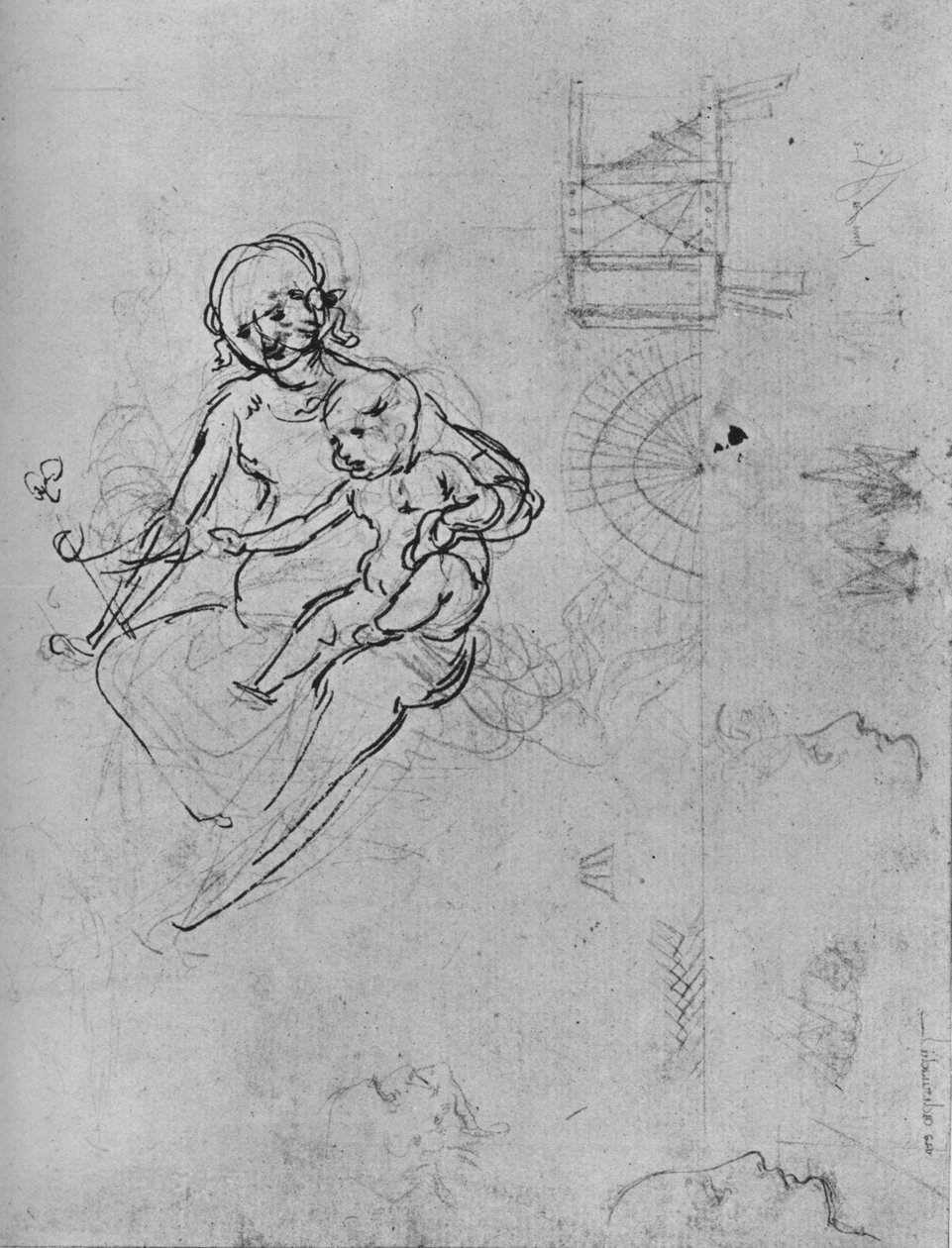 Tutkimus Madonnasta ja lapsesta, profiileista ja koneista, 1478-1480 1945. tekijältä Leonardo da Vinci