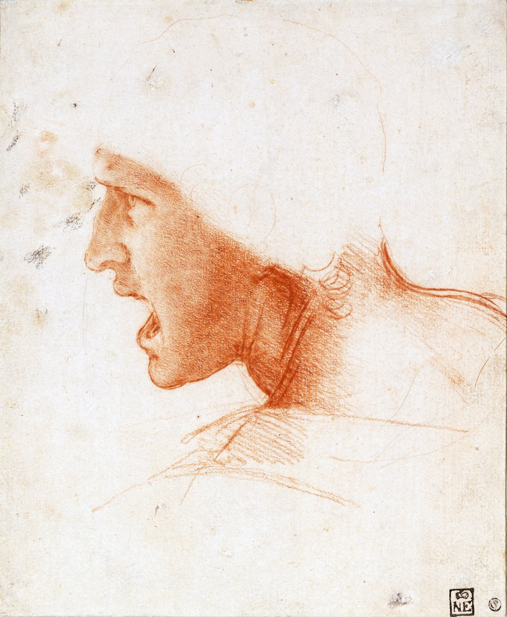 Tutkimus soturin päästä Anghiarin taisteluun - Leonardo da Vinci (1452-1519) - 1504-1505 - Sanguine paperilla - 22,6x18,6 - Szepmuveszeti-museo, Budapest tekijältä Leonardo da Vinci