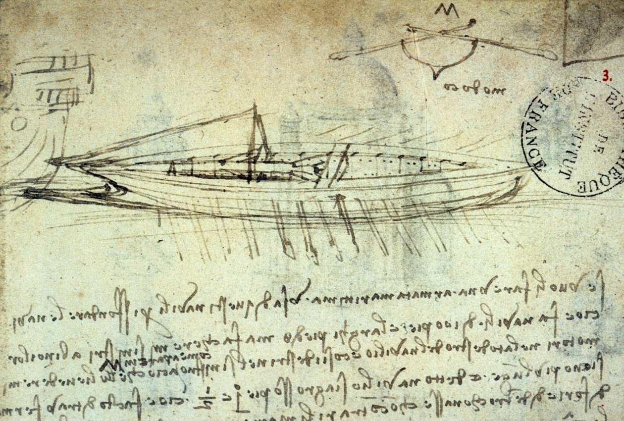Leonard de Vincin (Leonardo da Vinci) (1452 - 1519) tutkimus veneestä, jossa on airot. Piirustus kynällä ja musteella. Käsikirjoitus. Institut de Francen kirjasto. Pariisi. tekijältä Leonardo da Vinci