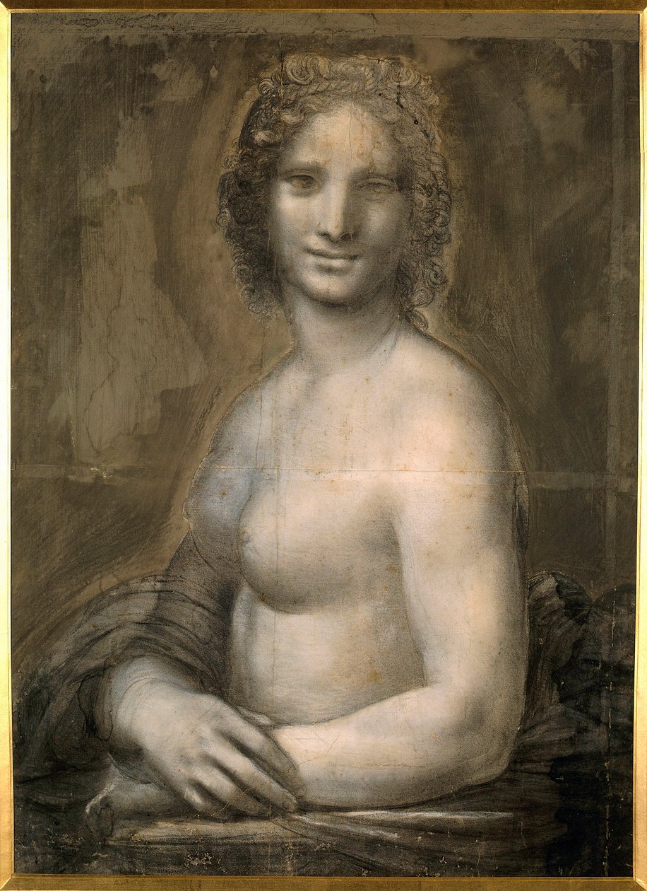 Naisalaston tutkiminen luultavasti Mona Lisan rintakuvassa oletetaan Mona Lisaa (tai Monna Lisaa). Piirustus ruskealle paperille mustalla kivellä Leonard de Vincin koulusta (Leonardo da Vinci) (1452-1519) Dim. 0,72 x 0,54 m. Chantilly, Conde-museo tekijältä Leonardo da Vinci