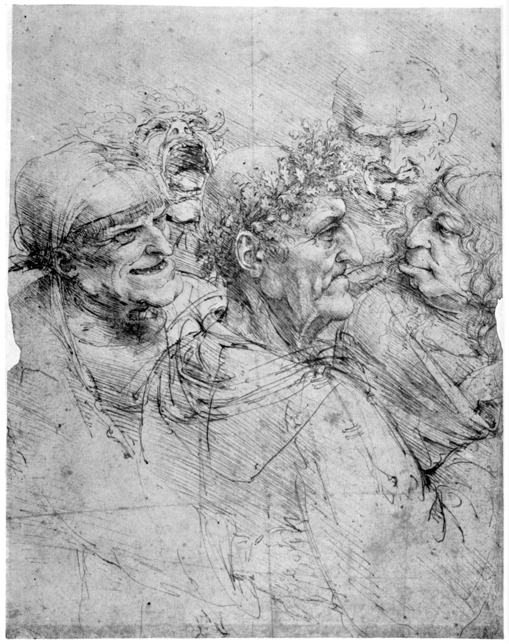 Tutkimus viidestä groteskista päästä, c1494 1954. tekijältä Leonardo da Vinci
