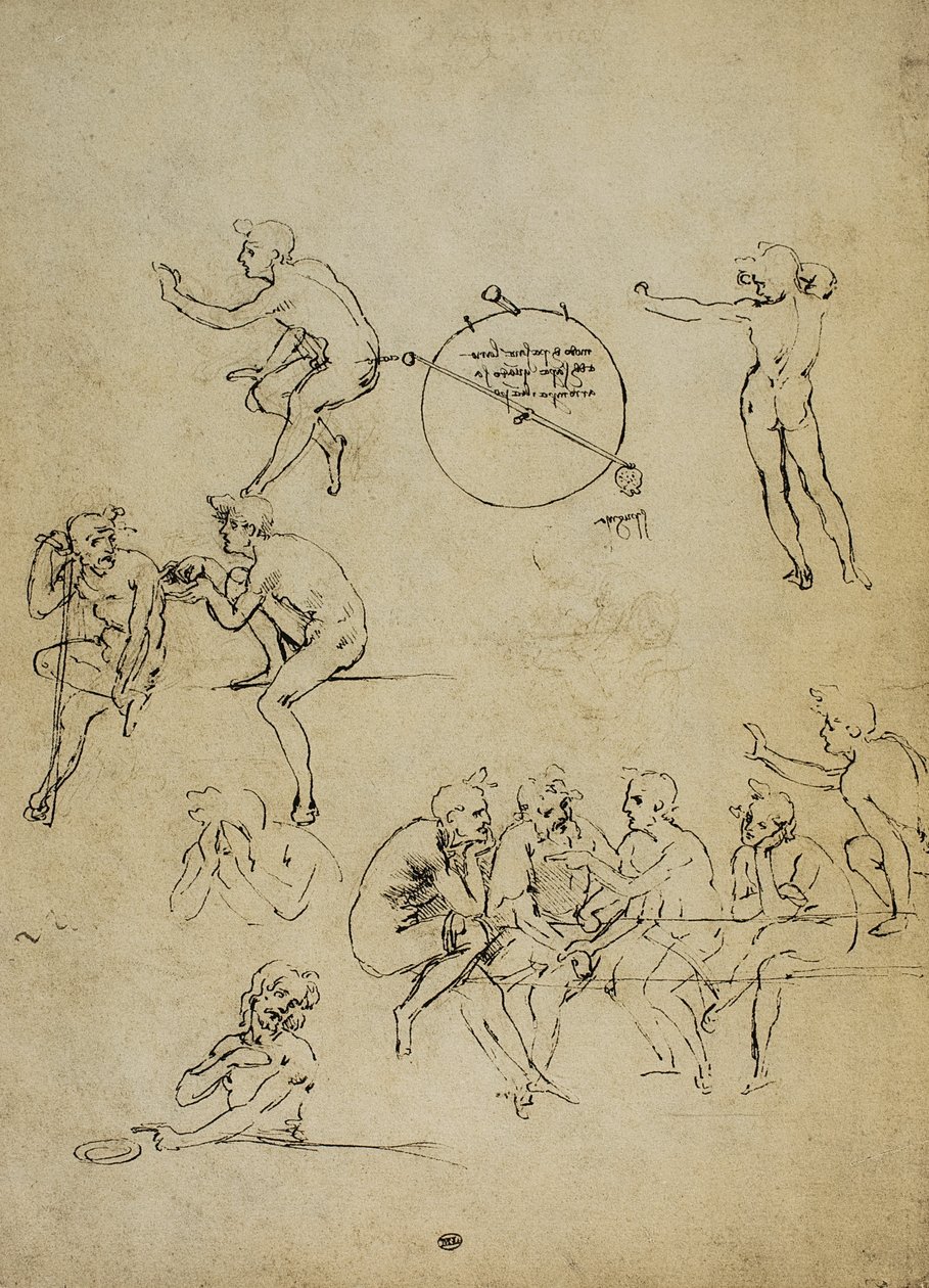 Ihmishahmojen tutkiminen eri asennoissa; Leonardo da Vincin piirustus. Louvre, Pariisi tekijältä Leonardo da Vinci