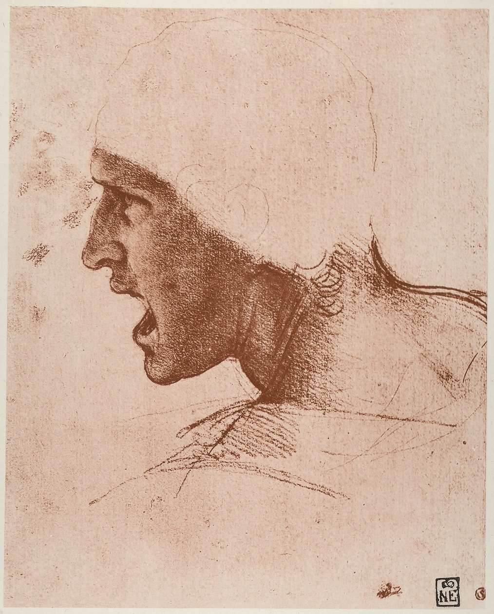Tutkimus urospäästä Anghiarin taistelua varten, Leonardo da Vincin piirustus, sangviininen vaaleanpunaiselle paperille, säilytetty Budapestin taidemuseossa. tekijältä Leonardo da Vinci