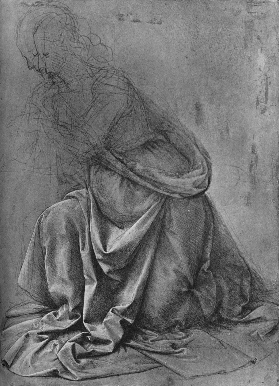 Tutkimus vasemmalle polvistuvan naisen verhoista, c1477 1945 tekijältä Leonardo da Vinci