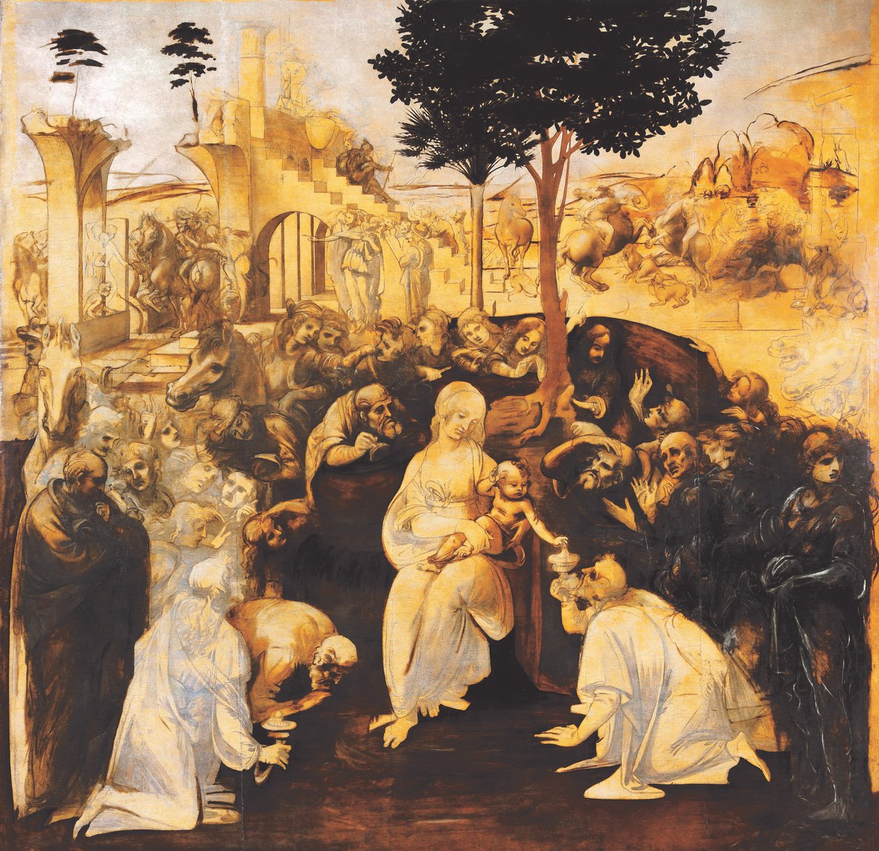Maagien palvonta entisöinnin jälkeen, 1481-1482. tekijältä Leonardo da Vinci