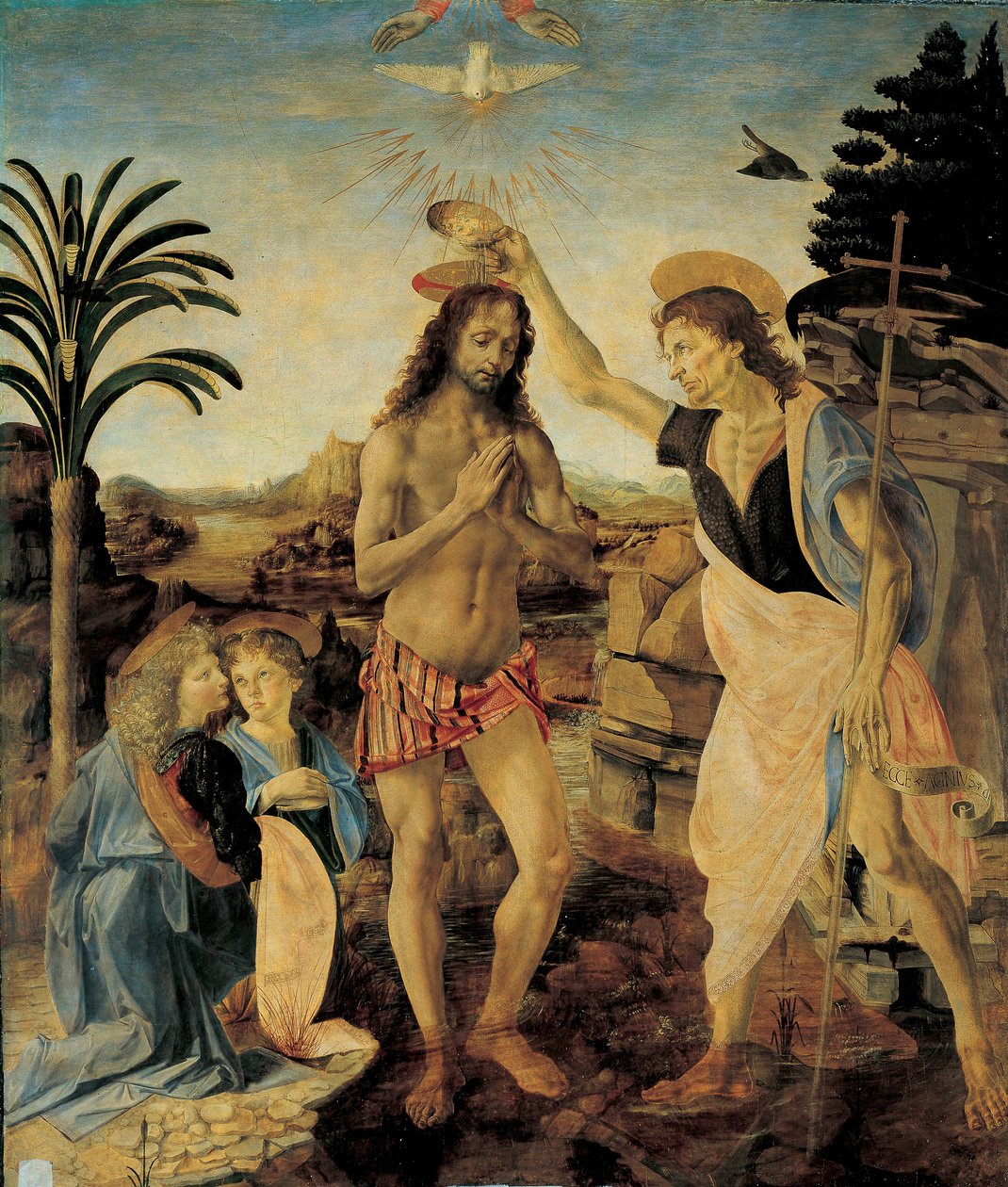 Andrea del Verrocchio (1436-1488) ja Leonardo da Vinci (Leonard of Vinci) (1452-1516) Kristuksen kaste noin 1475-1478, Öljy ja tempera puulla tekijältä Leonardo da Vinci