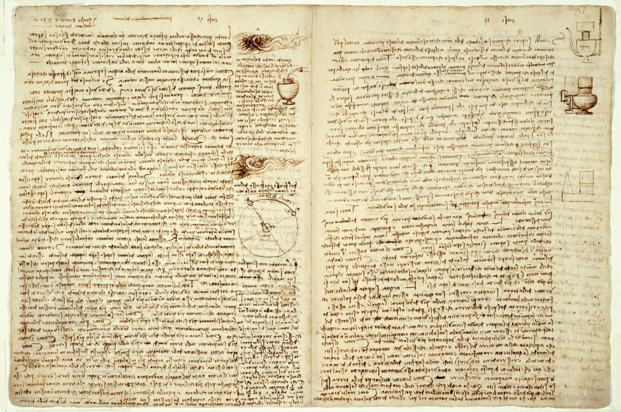 Codex Hammer, sivut 124-127, 1508-12 tekijältä Leonardo da Vinci