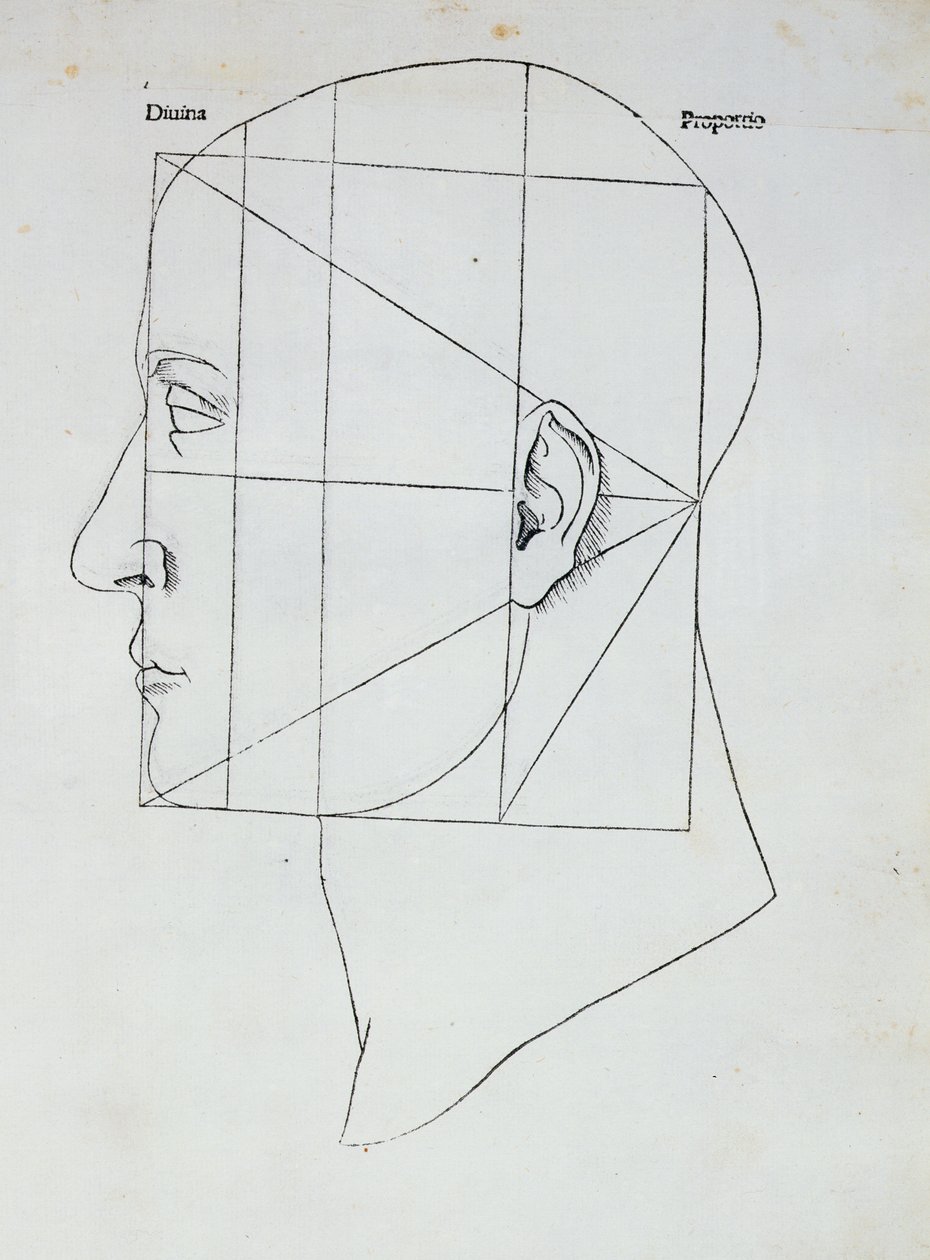 Ihmisen pää, kuvitus "Divina Proportionelle", Luca Pacioli (1445-1517), 1509 tekijältä Leonardo da Vinci