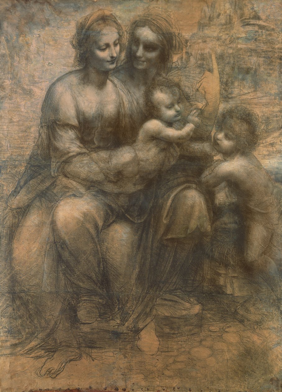 Neitsyt ja lapsi Pyhän Annan kanssa ja pikkulapsi Pyhä Johannes Kastaja, n. 1499-1500 (hiili korostettu valkoisella liidulla paperille, kiinnitetty kankaalle) tekijältä Leonardo da Vinci