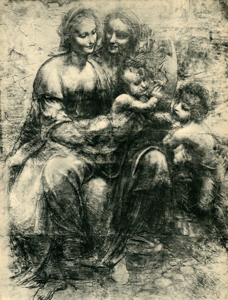 Neitsyt ja lapsi Pyhän Annan ja Johannes Kastajan kanssa, 1499-1500, 1943. tekijältä Leonardo da Vinci