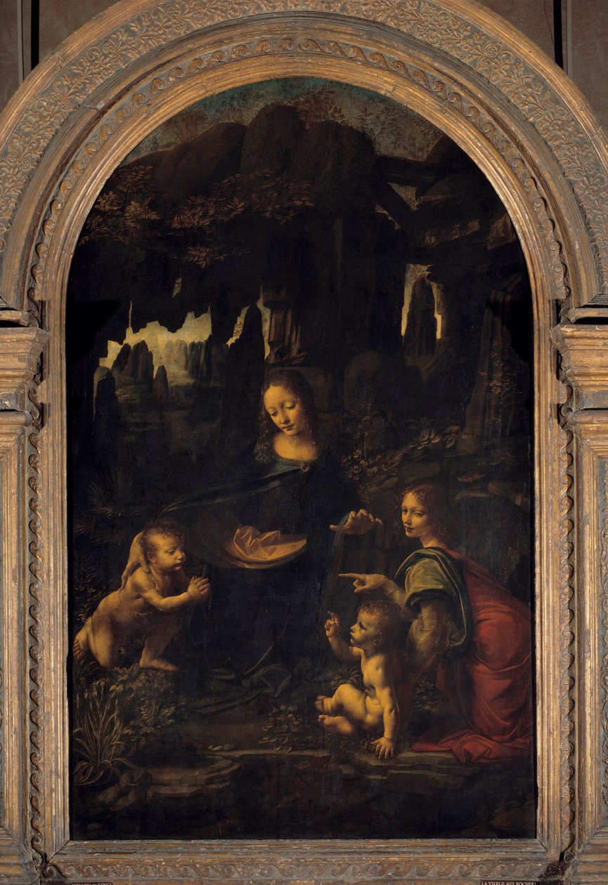 Neitsyt, Jeesus-lapsi, Pyhä Johannes Kastaja ja enkeli tai "Neitsyt kallioilla"" -maalaus Leonard de Vinci (Leonardo da Vinci) (1452-1519) 1500-luvun aurinko. 1,99 x 1,22 m tekijältä Leonardo da Vinci