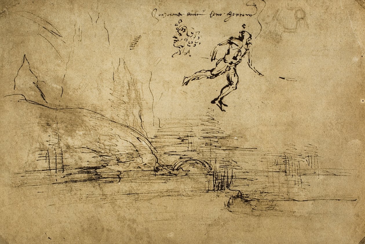 Maisemapiirustuksen takapuoli sotilaan hahmolla: Leonardo da Vincin kynäpiirros. Piirustus- ja grafiikkakaappi, Uffizi-galleria, Firenze tekijältä Leonardo da Vinci