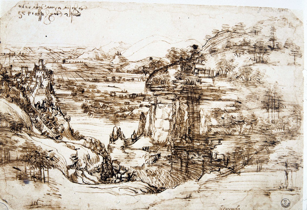 Ensimmäinen tunnettu piirros Leonard de Vincistä (Leonardo da Vinci) (1452-1519), "" Santa Maria della Neven maisema"": Firenzen lähellä sijaitsevan Arnon laakson maisema. tekijältä Leonardo da Vinci