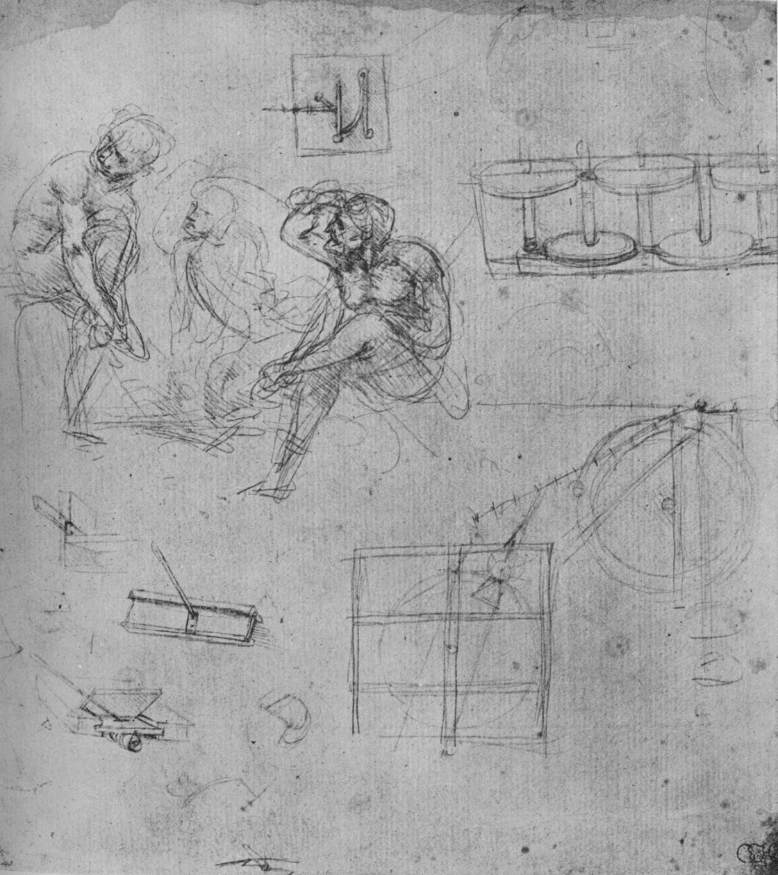 Kolme istuvaa hahmoa ja koneita, 1480-1481 1945 tekijältä Leonardo da Vinci