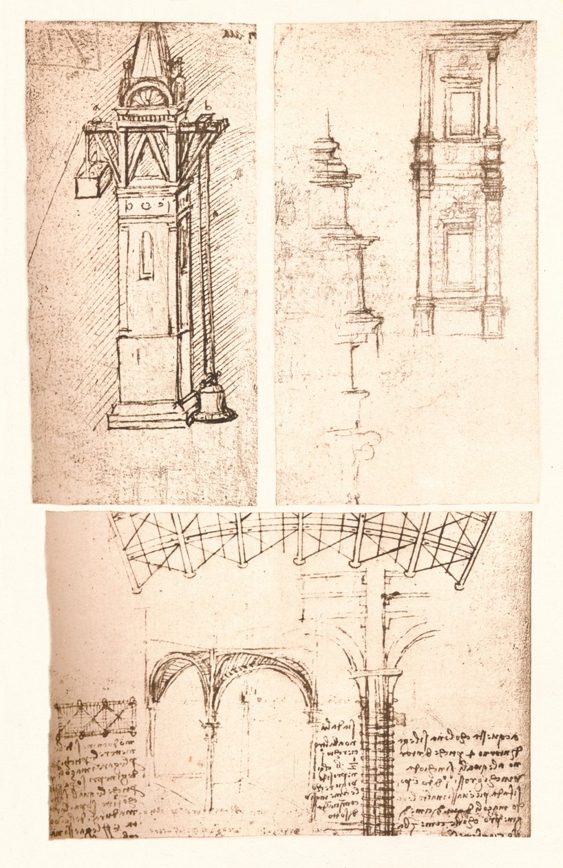 Kolme arkkitehtonista piirustusta, c1472-c1519 1883 tekijältä Leonardo da Vinci
