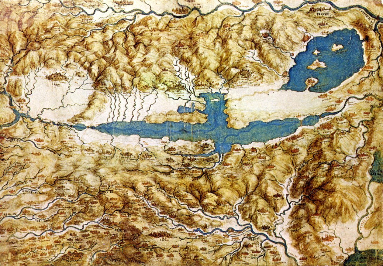 Topografinen näkymä maaseudulle Arezzon tasangon ja Val di Chianan ympärillä, 1500-luvun alku tekijältä Leonardo da Vinci