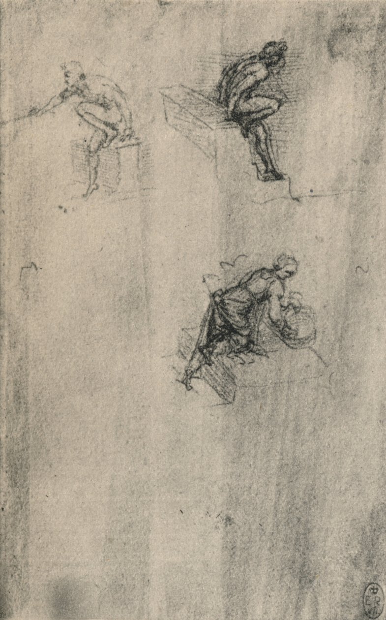 Kaksi istuvaa alastona ja nainen peseytyvät, c1480 1945 tekijältä Leonardo da Vinci