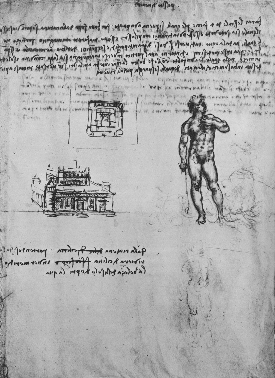 Kaksi tutkimusta alastonhahmosta ja rakennuksen näkymä ja pohjapiirros, c1480 1945 tekijältä Leonardo da Vinci