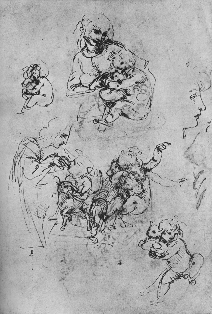 Kaksi tutkimusta madonnasta ja lapsesta kissan kanssa ja kolme tutkimusta lapsesta, 1475-1481 1945 tekijältä Leonardo da Vinci