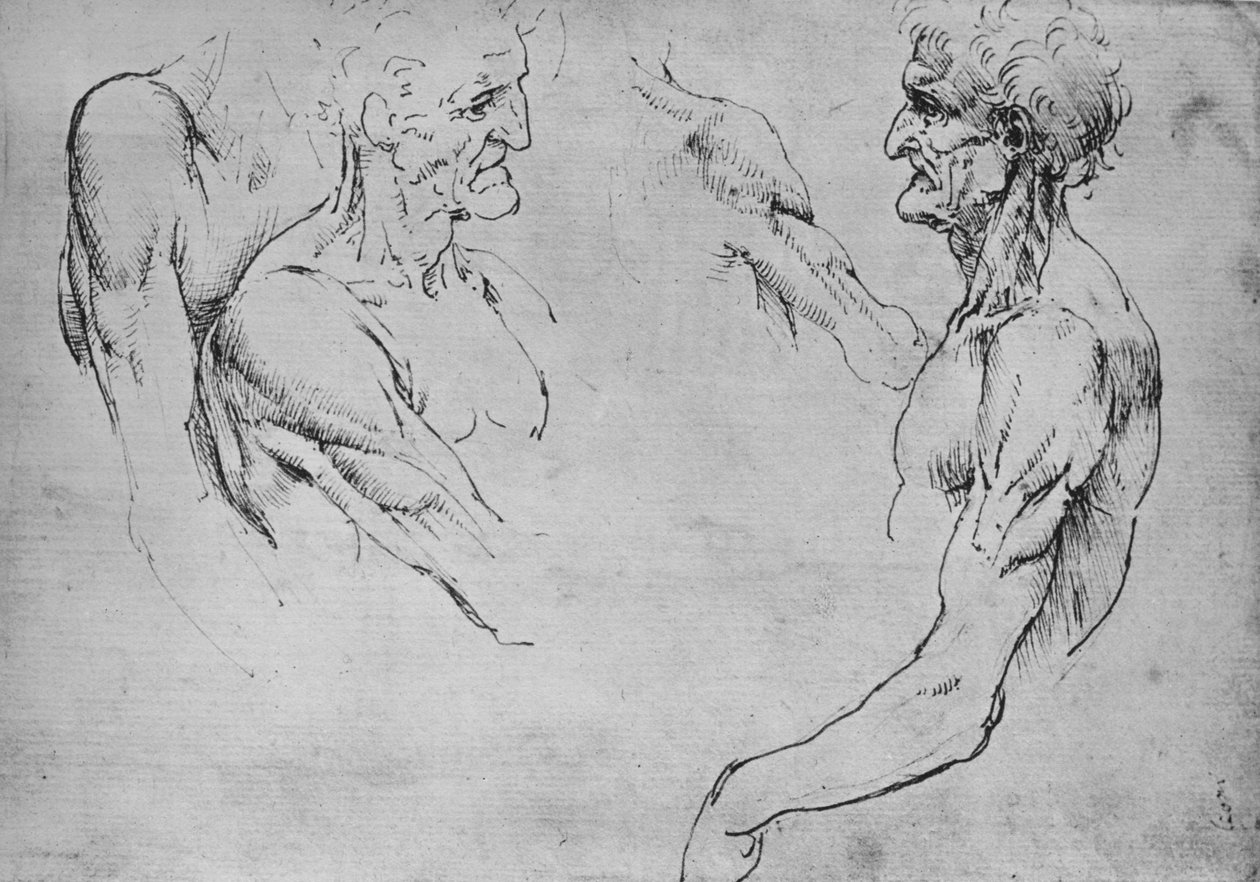 Kaksi tutkimusta vanhan miehen yläosasta ja kaksi tutkimusta aseista, c1480 1945 tekijältä Leonardo da Vinci