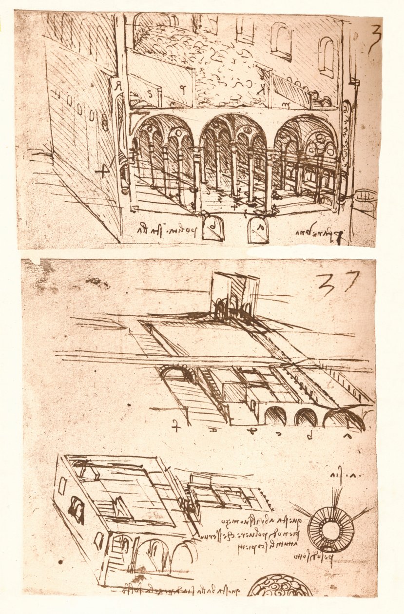 Kaksi arkkitehtonista piirustusta, c1472-c1519 1883 tekijältä Leonardo da Vinci