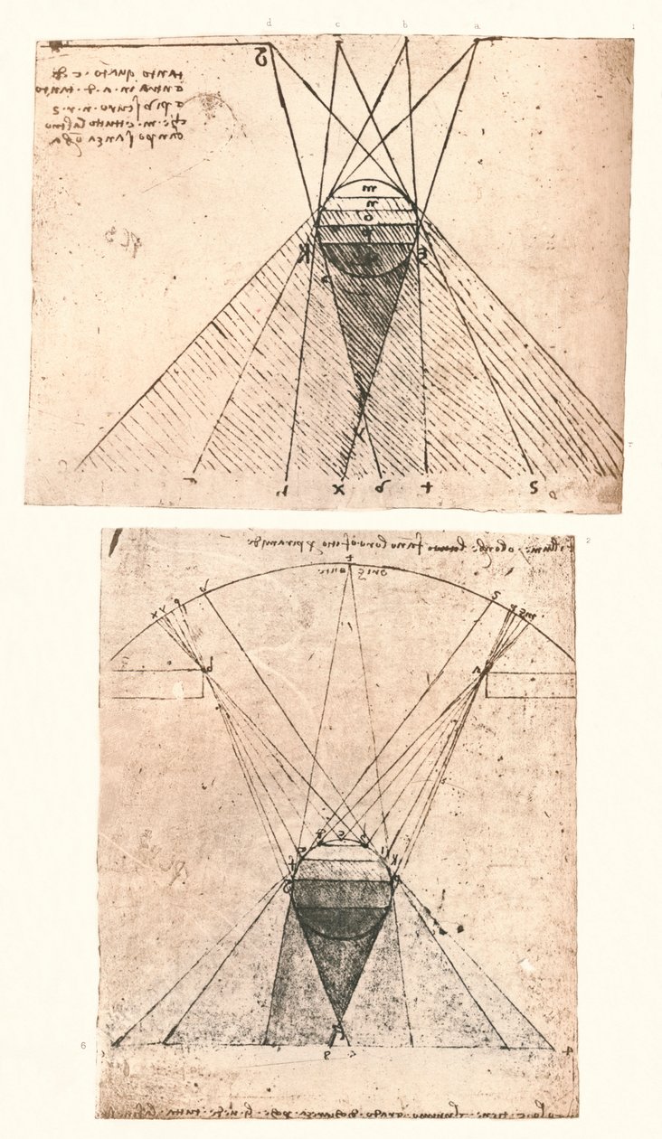 Kaksi kaaviota, jotka kuvaavat valon ja varjon teoriaa, c1472-c1519 1883 tekijältä Leonardo da Vinci