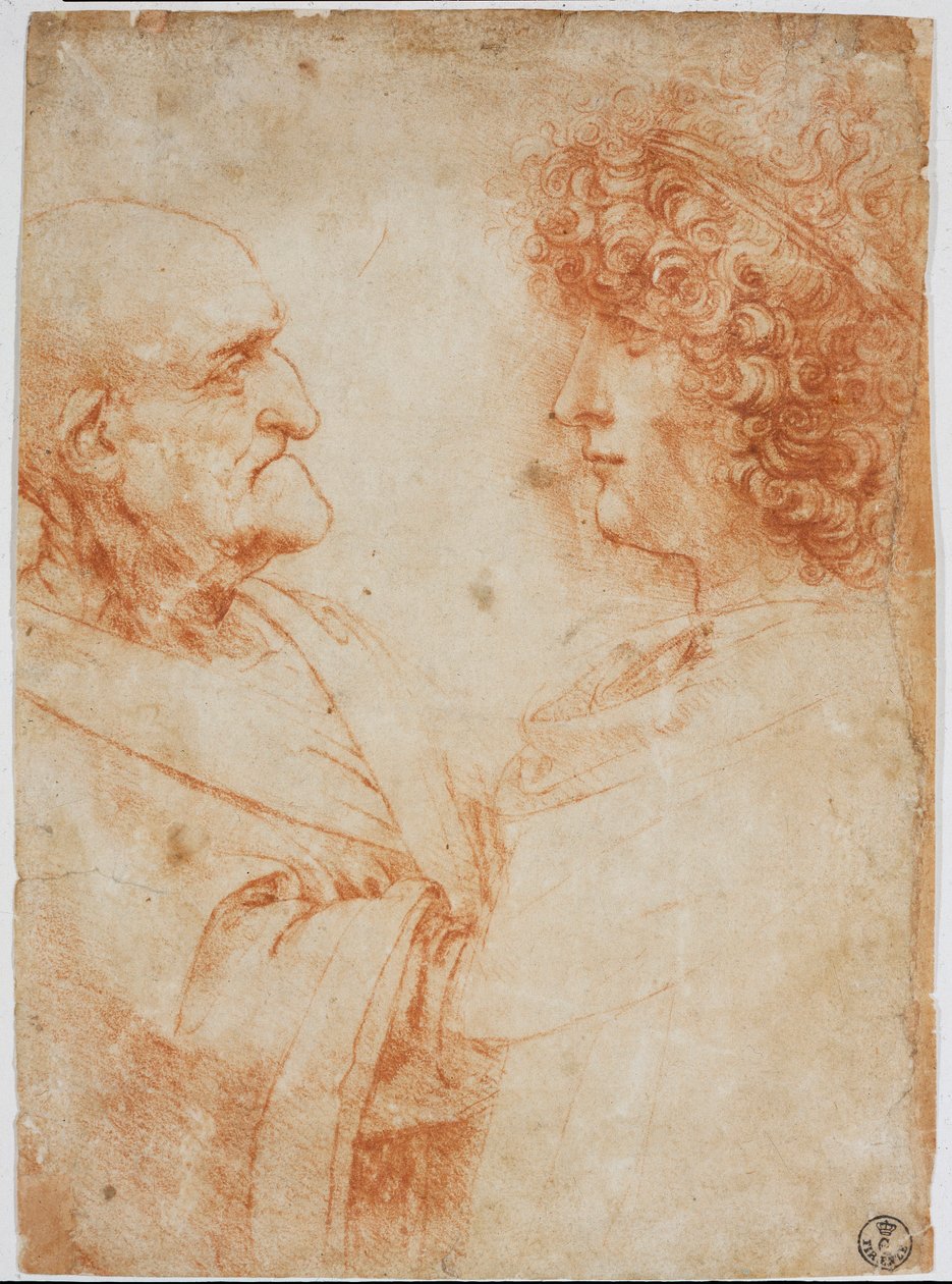 Kaksi miesprofiilia, vanha mies ja nuori mies - Nuori mies edustaa Gian Giacomo Caprottia dit Andrea Salai tai Salaij (noin 1480-1524), Leonardin oppilasta ja rakastajaa - Leonardo da Vincin (Leonard de Vinci) piirtäminen a la sanguine ( 1452-1519) - Firen tekijältä Leonardo da Vinci