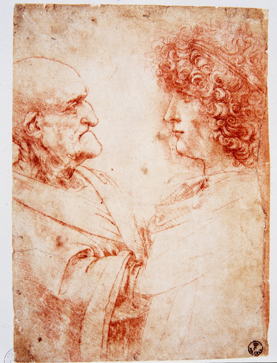 Kaksi miesprofiilia, vanha mies ja nuori mies. Nuori mies edustaa Gian Giacomo Caprottia, joka tunnetaan nimellä Andrea Salai tai Salaij (noin 1480-1524), Leonardin oppilasta ja rakastajaa. Leonardo da Vincin (Leonard de Vinci) (1452-1519) Firenzen piirust tekijältä Leonardo da Vinci