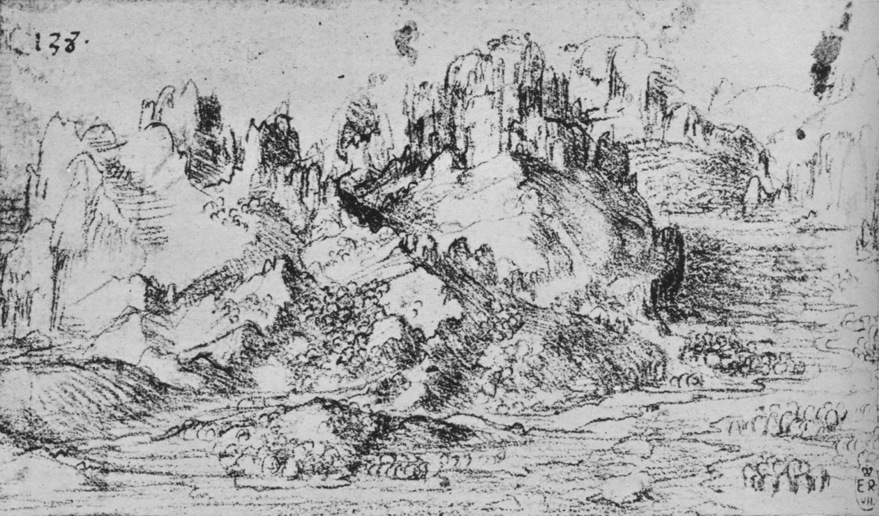 Näkymä laaksoon, jonka takana on vuoria, c1480 1945 tekijältä Leonardo da Vinci
