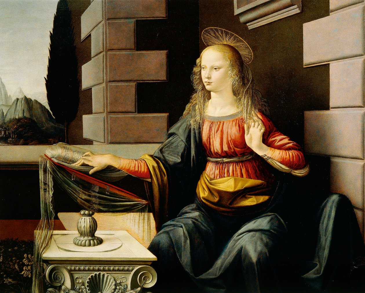 Neitsyt Maria, yksityiskohta Marian ilmestyksestä, n. 1475 (öljy ja tempera puussa) tekijältä Leonardo da Vinci