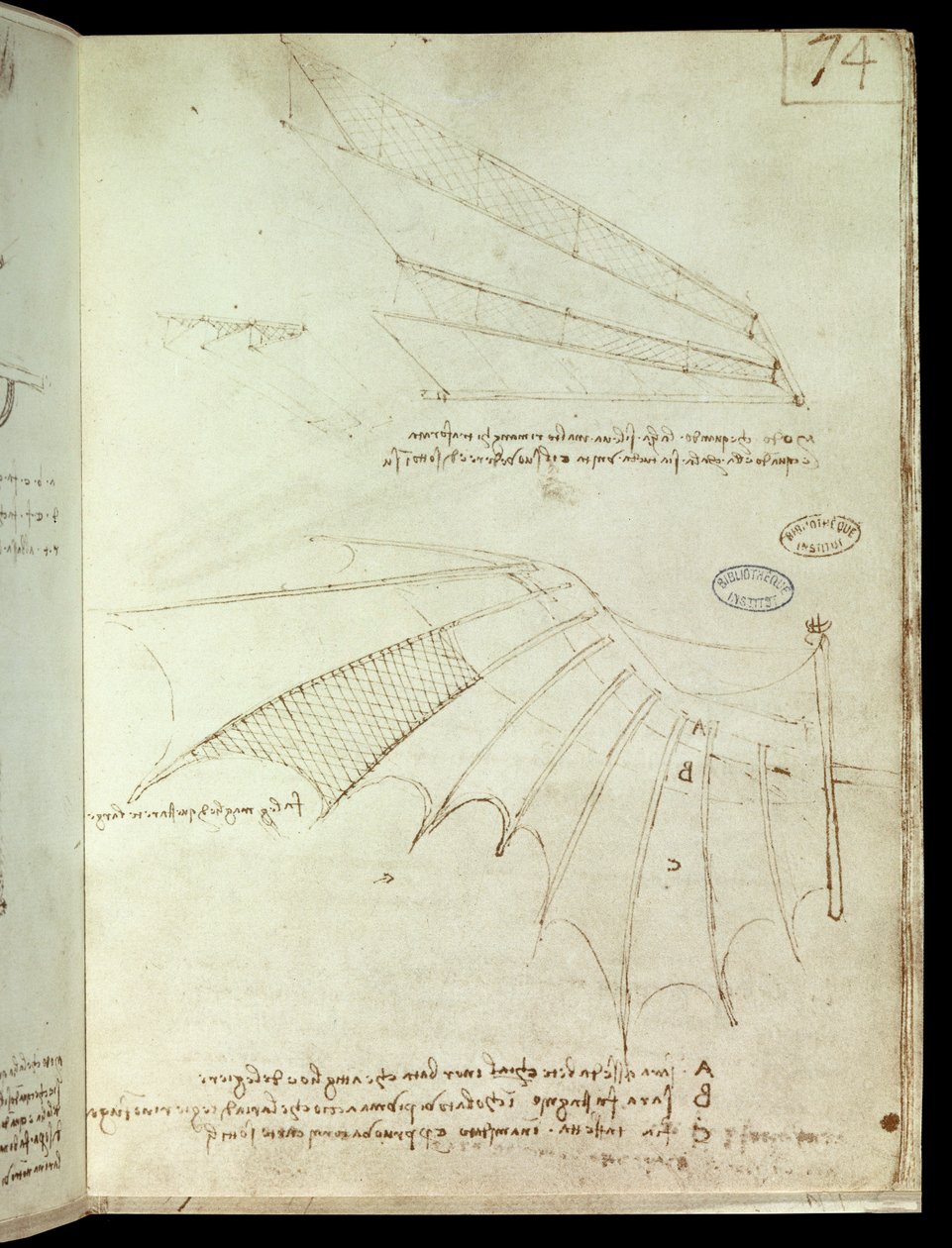 Siipi. Lentävän koneen piirustus. Käsikirjoitus Leonard De Vinci (Leonardo da Vinci tekijältä Leonardo da Vinci