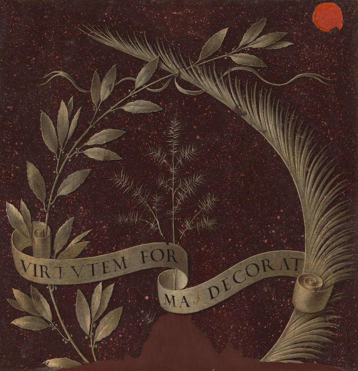 Laakeripuun, palmun ja katajan seppele, johon on kaiverrettu Virtutem Forma Decorat [käänteinen], n. 147 tekijältä Leonardo da Vinci