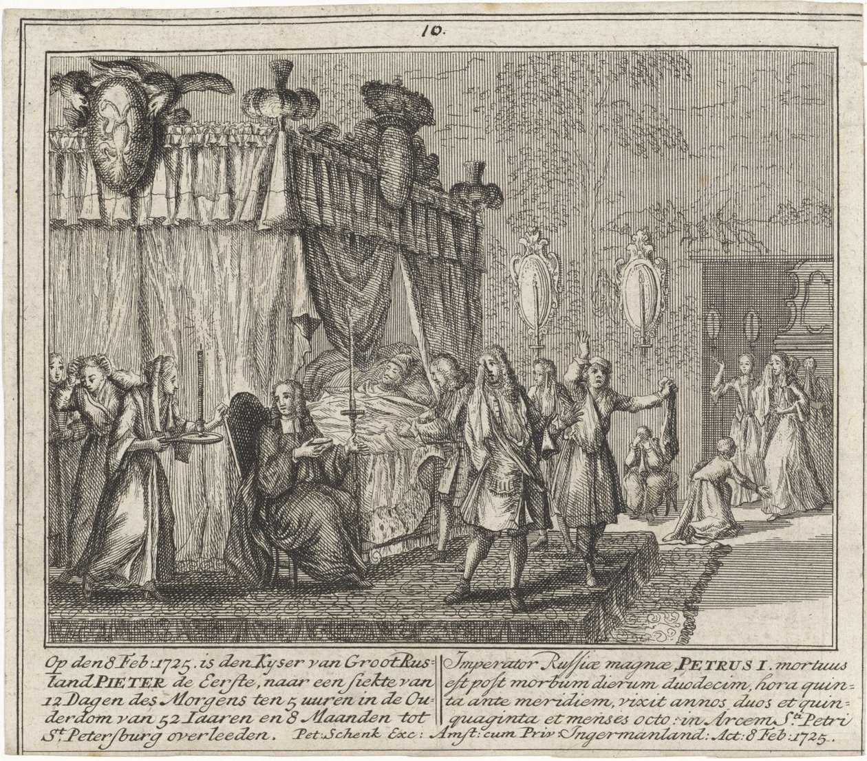 La mort de Pierre I le Grand, le 8 fevrier 1725 - Pietari Suuren kuolema 8. helmikuuta 1725, kirjoittanut Schenk, Leonard (1696-1767). Kuparikaiverrus tekijältä Leonardus Schenk