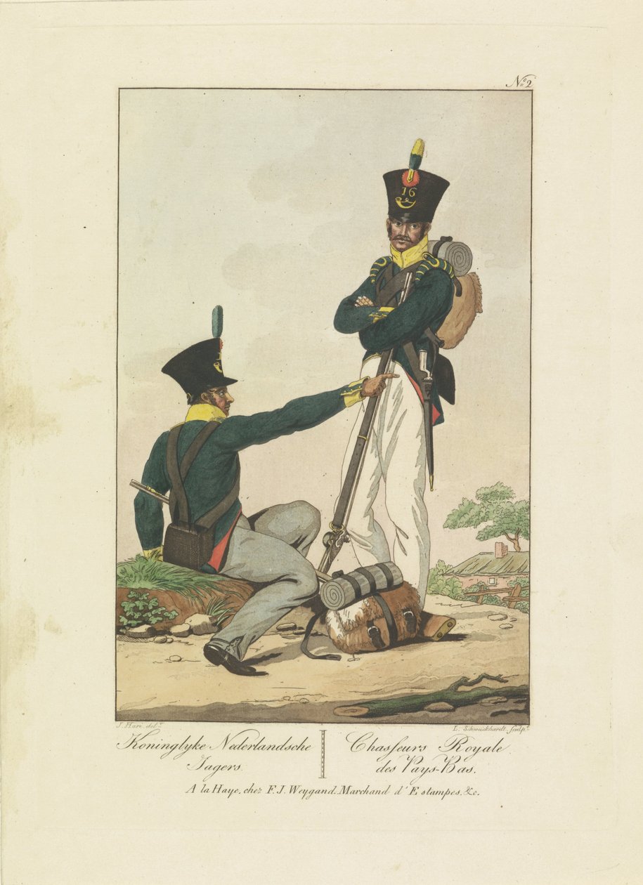 Kaksi metsästäjää, 1814-1818 Koninglyke Nederlandsche Jagers / Chasseurs Royale des Pays-Bas (otsikko esineessä) Seitsemän yhtenäistä esitystä 1814-1818 (sarjan nimi) tekijältä Leonardus Schweickhardt