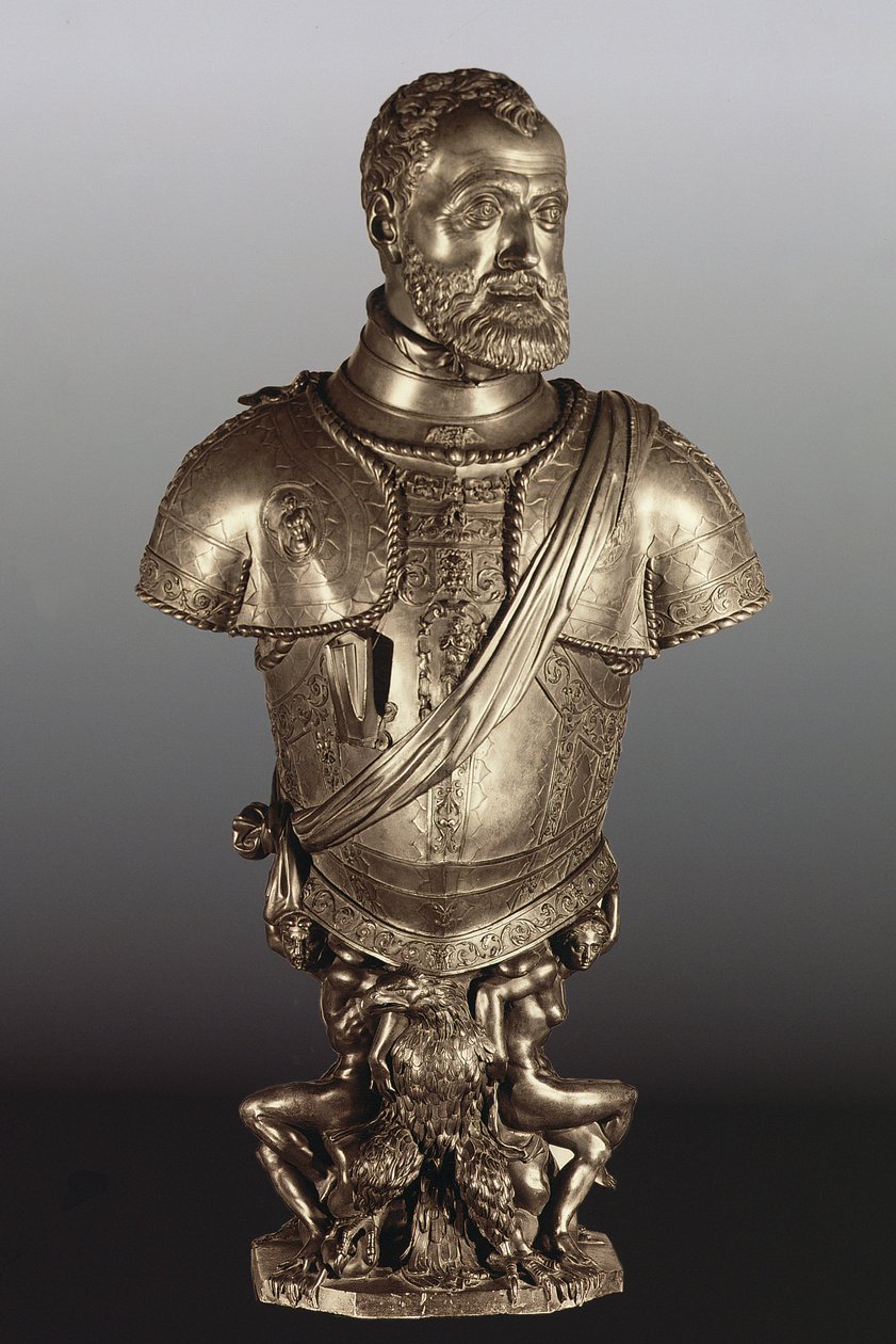 Pyhän Rooman keisarin Kaarle V:n (1500-58) muotokuva (pronssi) tekijältä Leone Leoni