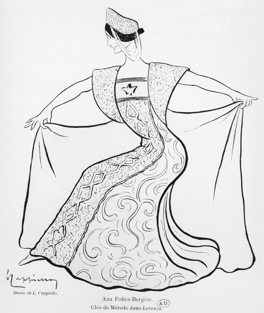 Cleo de Merode balettipantomiimissa "Lorenza" Folies Bergere -teatterissa Pariisissa 1901. tekijältä Leonetto Cappiello