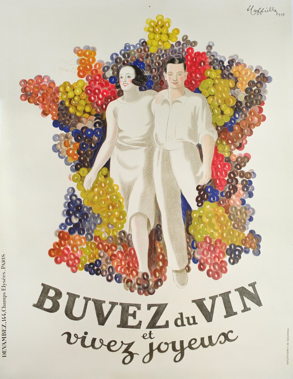 "Juo viiniä, elä iloisesti", viinin mainosjuliste, 1933. tekijältä Leonetto Cappiello