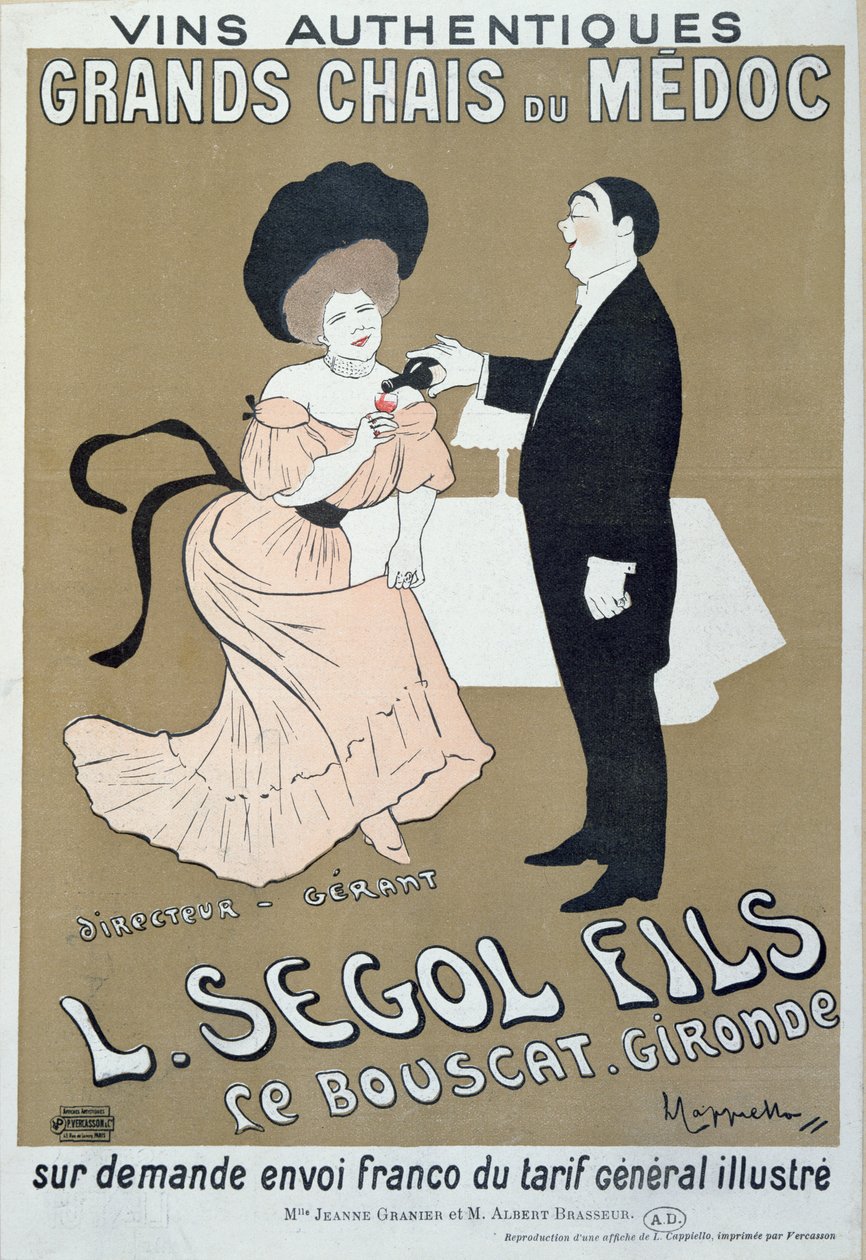 Juliste, joka mainostaa L. Segolin ja Sonsin valmistamia viinejä Medocista, 1905 tekijältä Leonetto Cappiello
