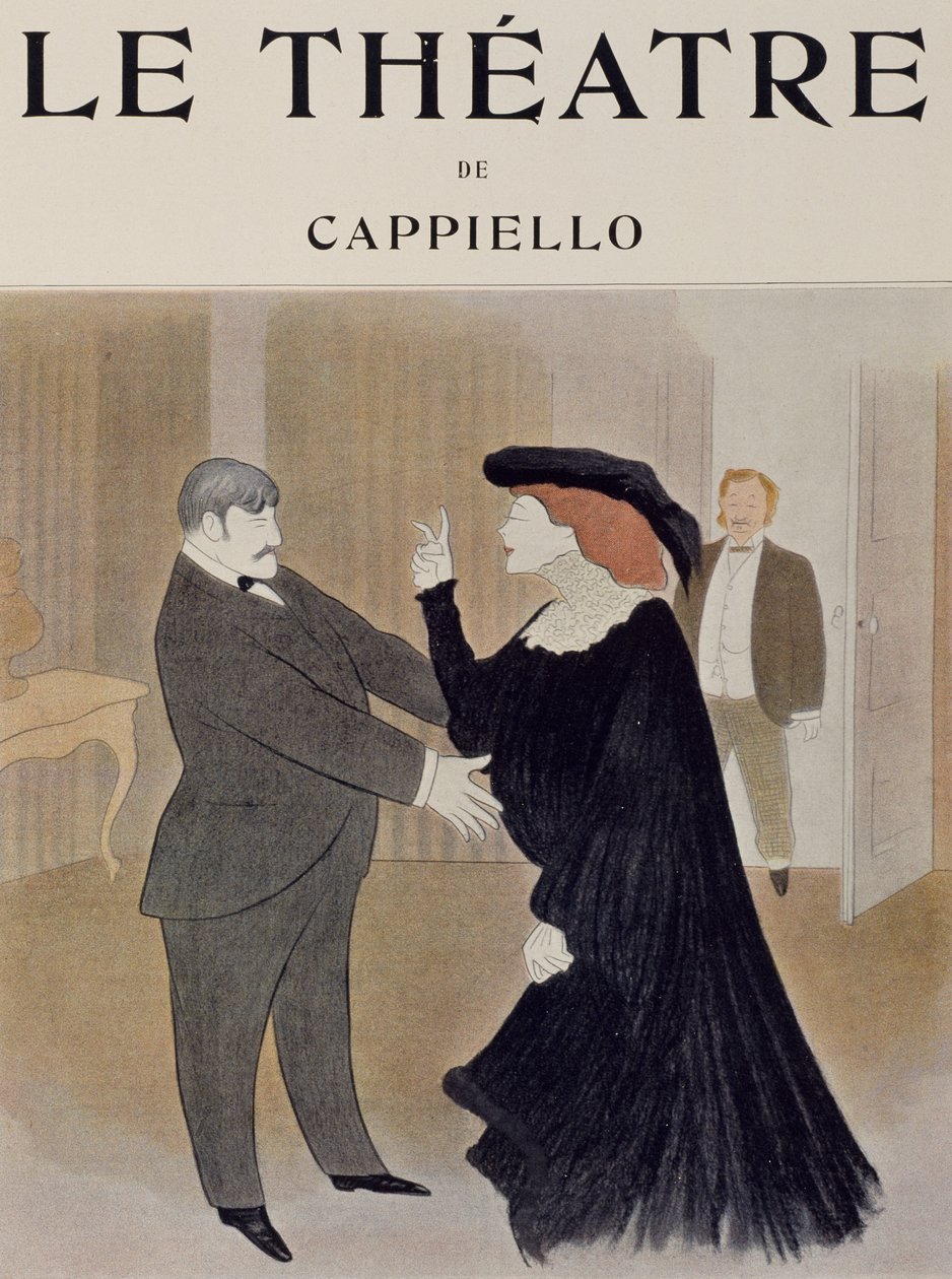 Näyttelijät Lucien Quitry ja Jane Harding kohtauksessa La Chatelainesta, esitettiin Renaissance Theatressa Pariisissa, piirustus Leonetto Cappiello (1875-1942), Theatre-lehden otsikkosivu, huhtikuu 1903 tekijältä Leonetto Cappiello