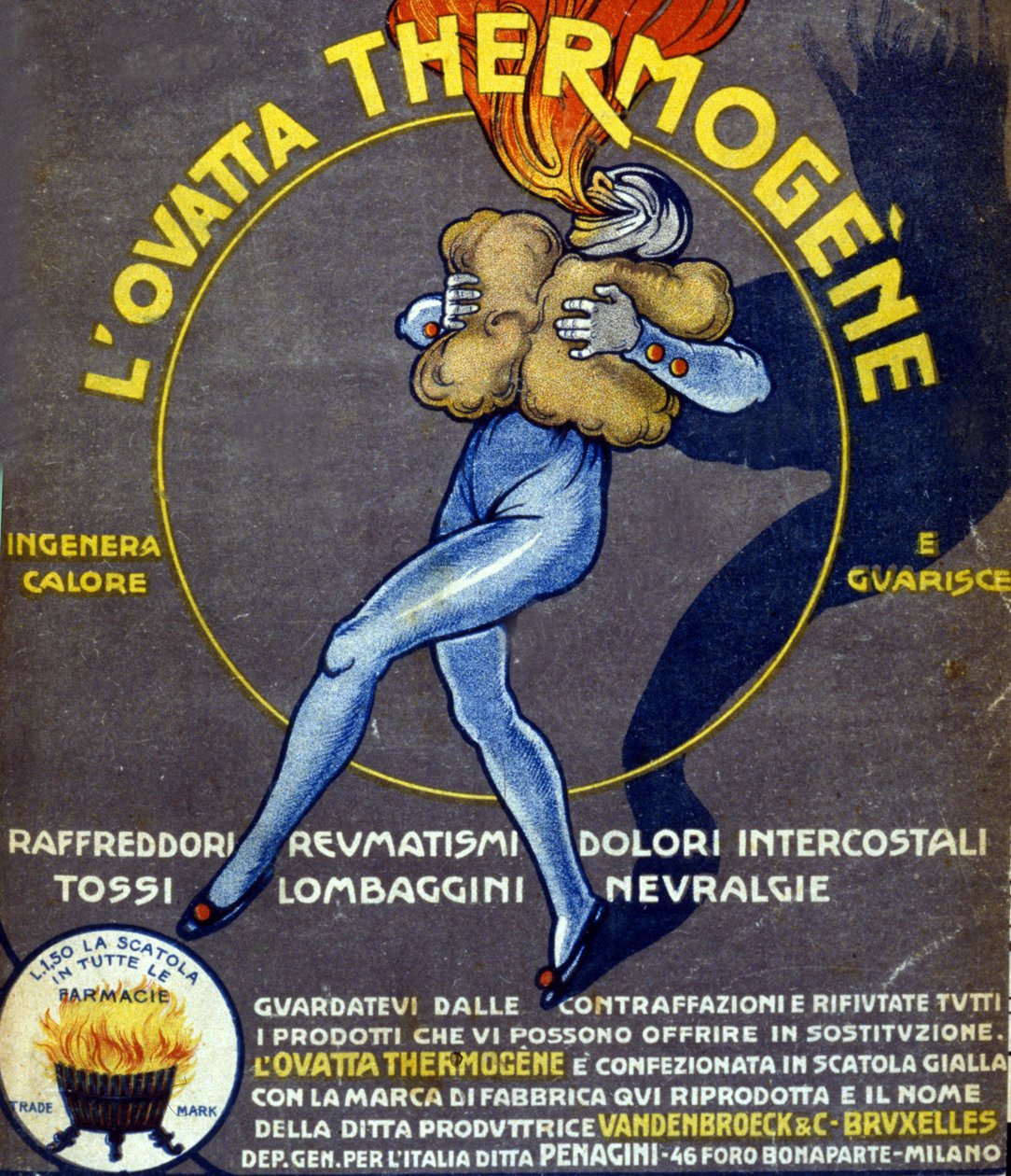 Mainos termogeenisesta puuvillasta, joka parantaa vilustumista, sisäisiä kipuja, reumaa, yskää, neuralgiaa ja lumbagoa. Piirustus L. Cappiello (1875 - 1942) Italia, 1900-luku. tekijältä Leonetto Cappiello